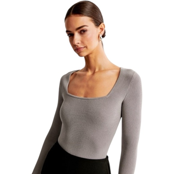 NWT Abercrombie & Fitch Rubber Knit Thong Bodysuit Ottoman Square Neck Sz Large - Picture 1 of 6